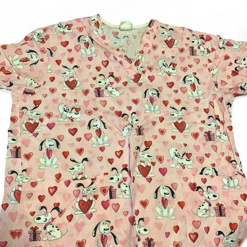 Peaches pink scrub top with hearts and dogs